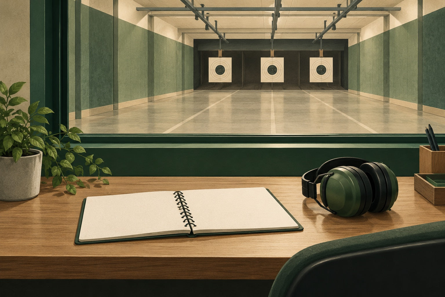 Illustration: Ein ruhiger leerer Schießstand mit runden Zielscheiben und organisatorischen Unterlagen, ohne sichtbare Waffen.